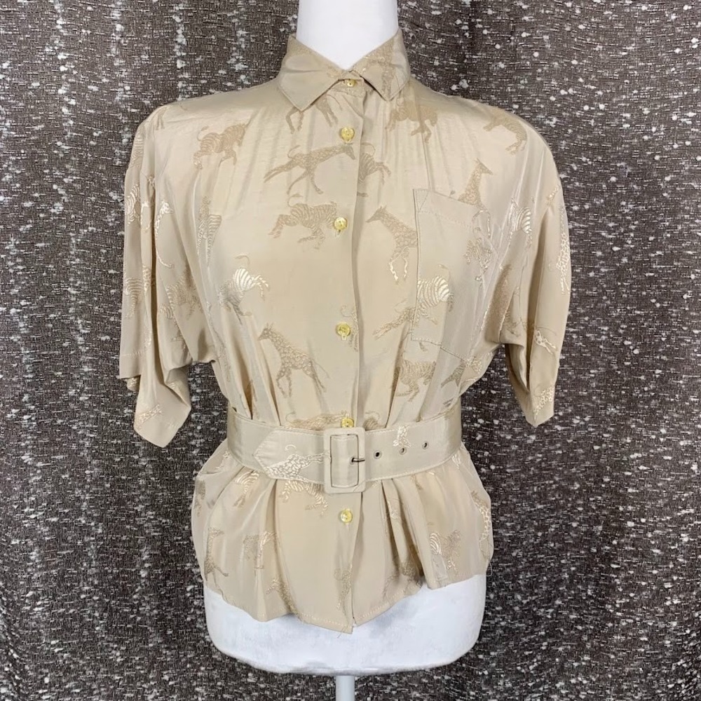 Vintage Rinzi Short Sleeve Button Up Animal Blouse With Belt Women's Small